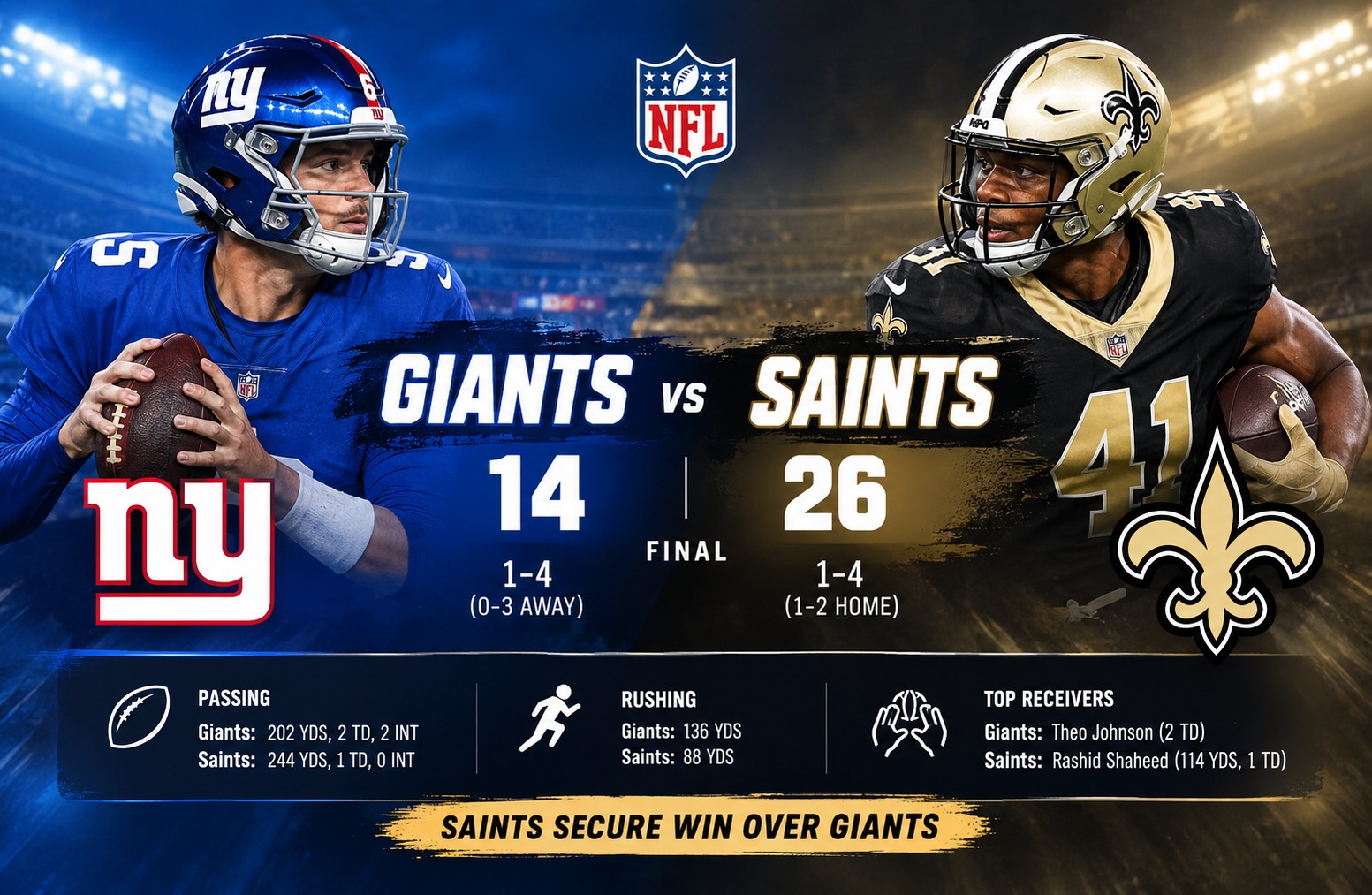New York Giants vs New Orleans Saints Match Player Stats